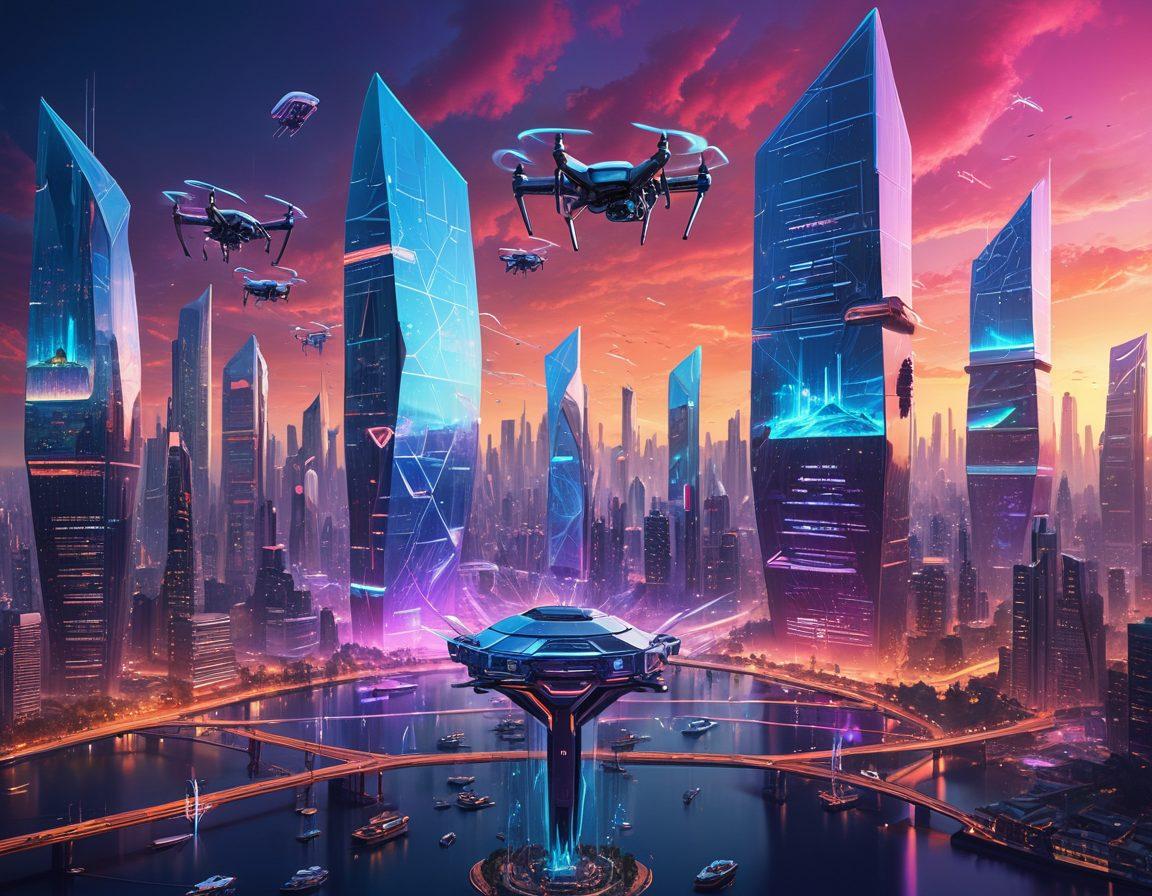 A futuristic city skyline with innovative architectural designs representing cutting-edge frontend development. Showcase digital interfaces and vibrant coding elements seamlessly integrated into the environment. Include diverse developers collaborating in a creative workspace with screens displaying colorful UI/UX designs. Overhead, flying drones and interactive holograms illustrating the concept of pioneering technology. 3D, vibrant colors, cyberpunk.
