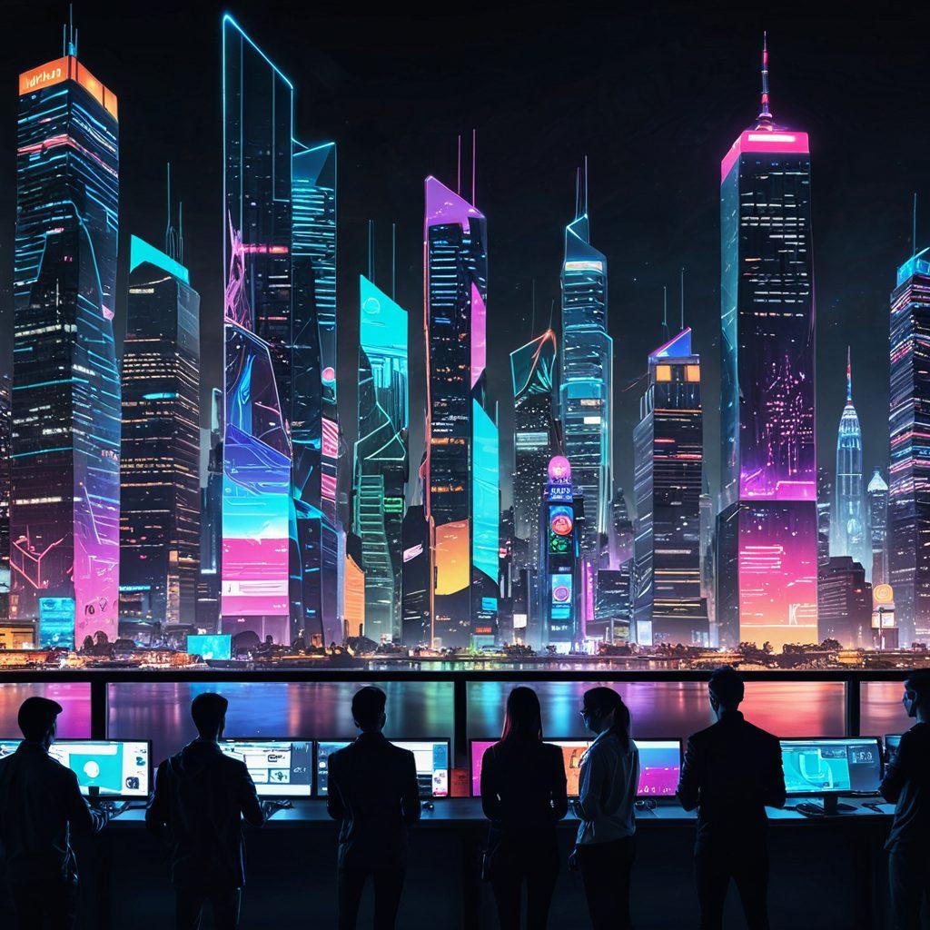 A futuristic city skyline illuminated with vibrant neon colors, showcasing digital billboards displaying cutting-edge web technologies. In the foreground, a diverse group of developers collaborates over a holographic interface filled with innovative UI designs, surrounded by abstract representations of coding languages and frameworks. The atmosphere is energetic and dynamic, highlighting the essence of modern frontend development. super-realistic. vibrant colors. cyberpunk.
