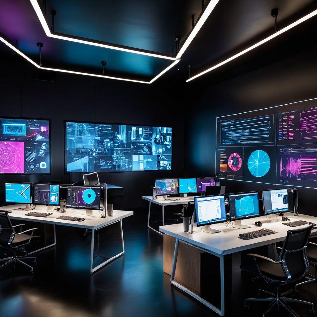 A dynamic scene of a futuristic web design studio bustling with designers collaborating on holographic screens displaying innovative website layouts and vibrant user interfaces. The environment is illuminated with colorful LED lights, showcasing a blend of creativity and technology. Include elements like digital blueprints, brainstorming notes pinned on walls, and a diverse team of designers in action, symbolizing teamwork and cutting-edge strategies. super-realistic. vibrant colors. high-tech ambiance.